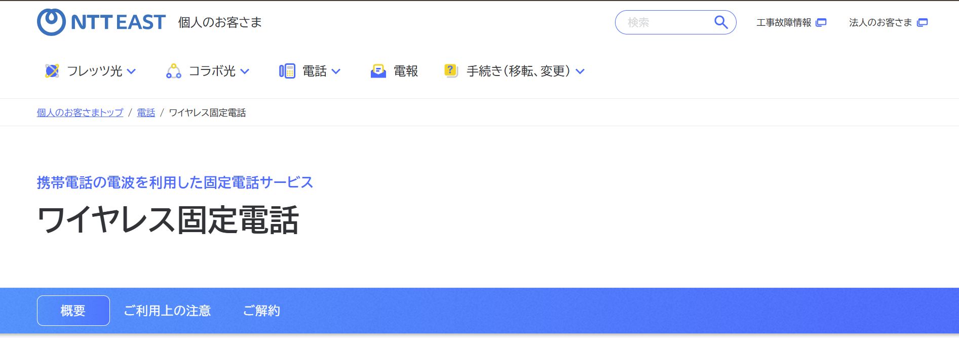 NTT東日本／西日本のワイヤレス固定電話のサービスサイト画像。